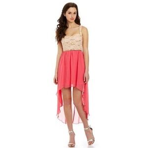 Jodi Kristopher Size 3 Lace‎ Sequin Bodice High Low Chiffon Coral Pink Formal